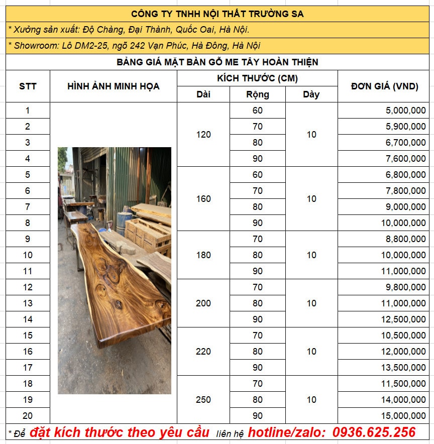 Giá mặt bàn gỗ nguyên khối loại dày 10cm