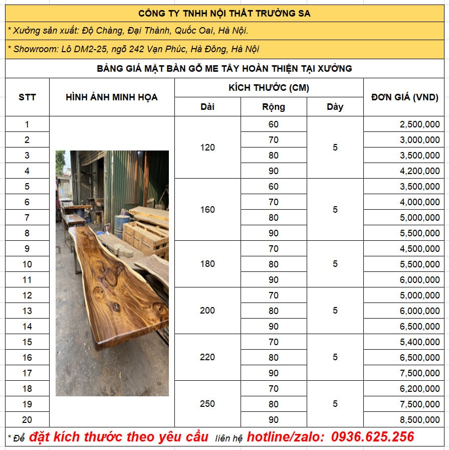 Giá mặt bàn gỗ nguyên khối loại dày 5cm