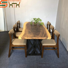 Bàn ăn gỗ me tây nguyên tấm STMT01 – 6 ghế