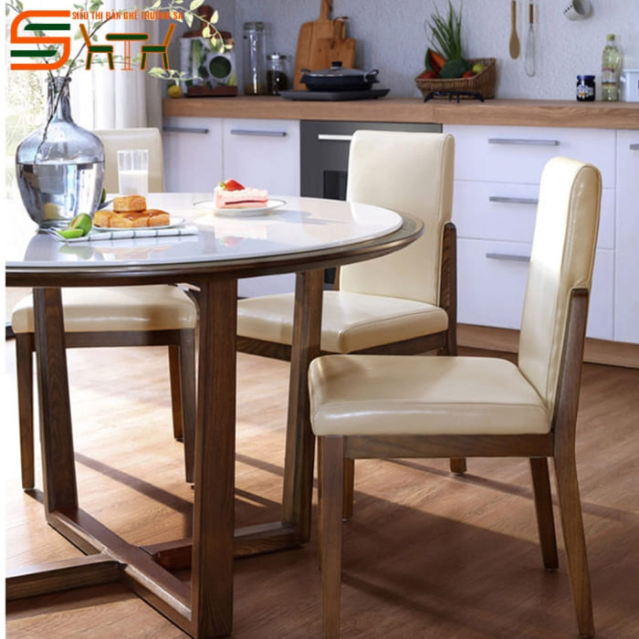 Bộ bàn ăn tròn 6 ghế bọc da cao cấp – STBA611