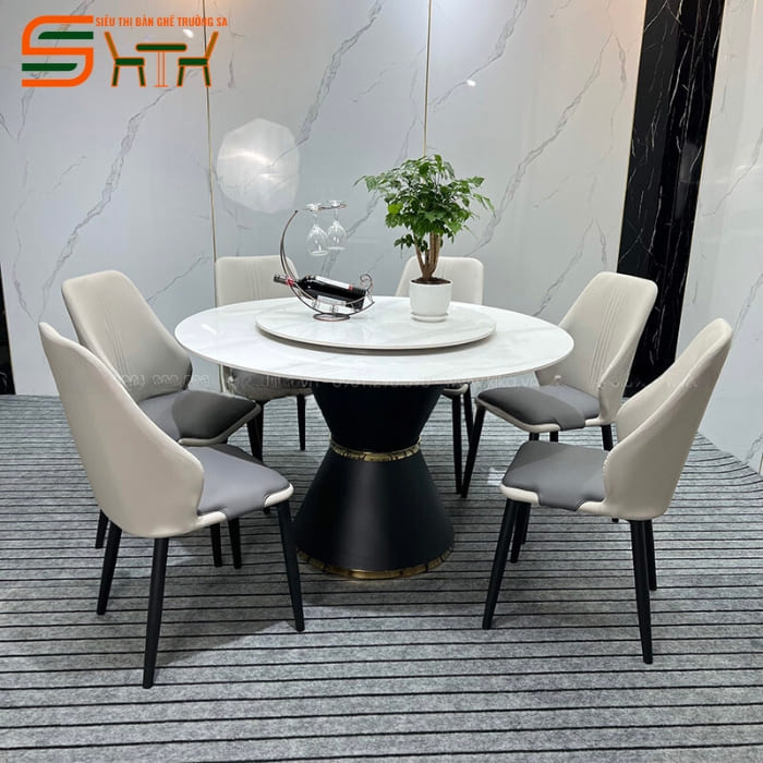 Bộ bàn ăn 6 ghế tròn xoay mặt đá – STBA606