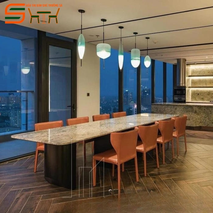 Bộ bàn ăn 8 ghế sắt mặt đá cao cấp – STBA811