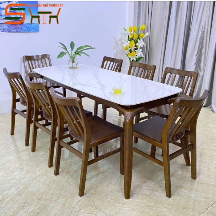 Bộ bàn ăn 8 ghế mặt đá gỗ sồi – STBA814