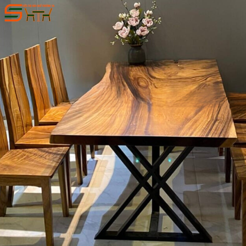 Bộ bàn ăn 8 ghế gỗ me tây nguyên khối STBA801