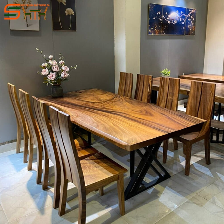 Bộ bàn ăn 8 ghế gỗ me tây nguyên khối STBA801
