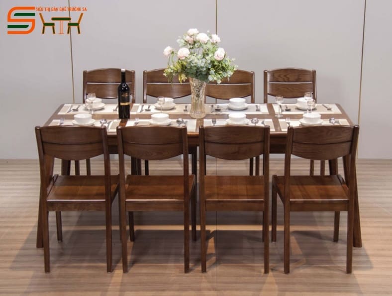 Bộ bàn ăn 8 ghế gỗ sồi màu óc chó – STBA805